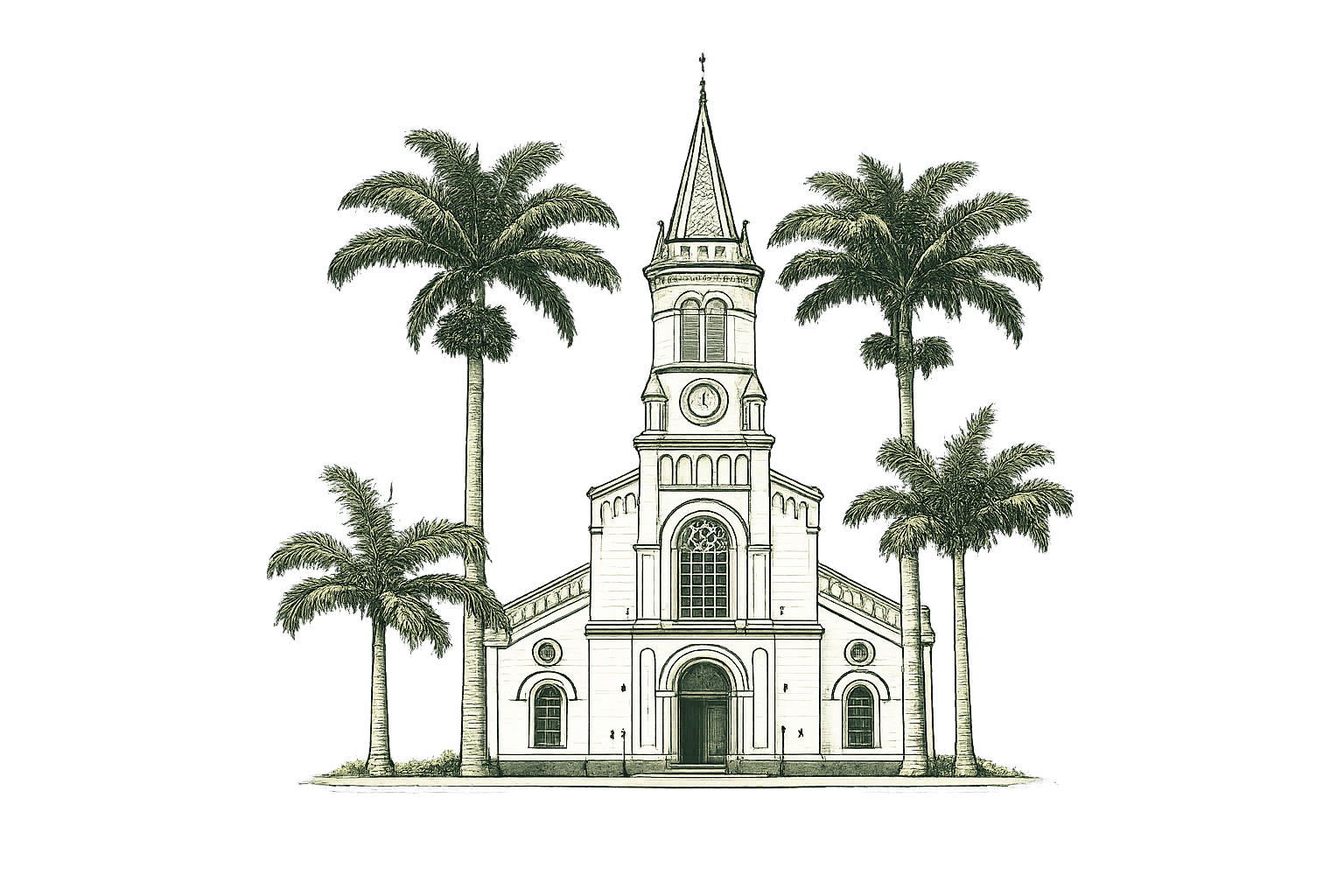 Desenho de igreja histórica de Lorena entre palmeiras