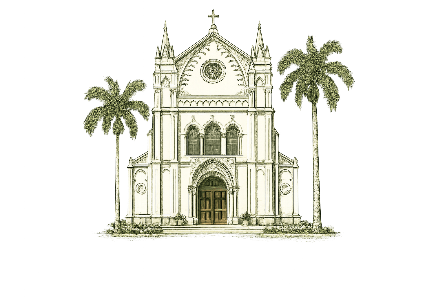 Ilustração de igreja histórica de Lorena entre palmeiras